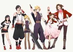 Rule 34 | 3boys, 3girls, :o, absurdres, aerith gainsborough, arm up, armor, arms behind back, arms up, bandaged arm, bandages, bandana, bandana around neck, belt, black hair, black pants, black shirt, black socks, black thighhighs, blonde hair, blue eyes, blush, boots, bracelet, bracer, bright pupils, brown footwear, brown gloves, brown hair, brown pants, buster sword, chinese commentary, cloud strife, commentary request, crop top, cropped jacket, dangle earrings, dress, dress ribbon, dual persona, earrings, elbow gloves, elbow pads, expressionless, fermium.ice, final fantasy, final fantasy vii, fingerless gloves, full body, genderswap, genderswap (ftm), genderswap (mtf), gloves, green eyes, grey background, hair ribbon, hand up, happy, heel up, height difference, highres, holding, holding hands, holding sword, holding weapon, jacket, jewelry, knee boots, layered shirt, leaning to the side, leather belt, leg up, light smile, long dress, long hair, looking at viewer, looking to the side, low-tied long hair, midriff, multiple belts, multiple boys, multiple girls, navel, neck ribbon, one eye closed, open clothes, open jacket, open mouth, pants, parted bangs, pauldrons, pink bandana, pink dress, pink ribbon, pink shirt, pointing, pointing up, ponytail, puffy pants, puffy shorts, purple sweater, red belt, red eyes, red footwear, red gloves, red jacket, ribbon, shirt, short hair, short sleeves, shorts, shoulder armor, shoulder belt, simple background, single earring, single elbow glove, single pauldron, single thighhigh, skirt, sleeveless, sleeveless sweater, sleeveless turtleneck, smile, socks, spiked hair, standing, suspender skirt, suspenders, sweatdrop, sweater, sword, teeth, thigh boots, thighhighs, tifa lockhart, toned, toned male, turtleneck, turtleneck sweater, upper teeth only, v-neck, wavy hair, weapon, weapon on back, white background, white shirt