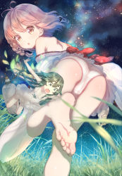 Rule 34 | 2girls, :o, ass, bare legs, bare shoulders, barefoot, bent over, blurry, blurry foreground, bottle, braid, commission, detached wings, dress, fairy, feet, female focus, flat chest, foot focus, from behind, grass, green eyes, green hair, highres, long hair, looking back, mini person, minigirl, multiple girls, night, no panties, off-shoulder dress, off shoulder, open mouth, original, ozzzzy, panties, pink eyes, pink hair, see-through, shiny skin, side braid, size difference, sky, soles, standing, standing on one leg, star (sky), starry sky, toes, underwear, white panties, wide sleeves, wings