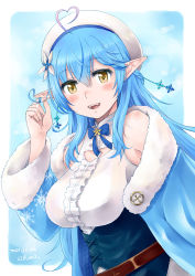 Rule 34 | 1girl, :d, ahoge, bare shoulders, beret, blouse, blue bow, blue hair, blue jacket, blush, bow, braid, breasts, brown eyes, center frills, commentary request, dated, frills, fur-trimmed jacket, fur-trimmed sleeves, fur trim, hair between eyes, half updo, hand up, hat, heart, heart ahoge, hololive, jacket, kuboshun, long hair, medium breasts, multicolored hair, open clothes, open jacket, open mouth, pointy ears, shirt, smile, solo, streaked hair, twirling hair, upper body, very long hair, virtual youtuber, white hat, white shirt, yukihana lamy