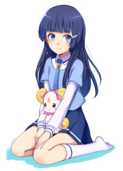 Rule 34 | 10s, 1girl, aoki reika, blue eyes, blue hair, blue necktie, blush, bow, candy (smile precure!), long hair, looking at viewer, necktie, pink bow, precure, purea, school uniform, seiza, sitting, smile, smile precure!