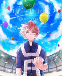 Rule 34 | 1boy, balloon, blue eyes, blue sky, boku no hero academia, burn scar, character name, clenched hand, confetti, dated, day, english text, expressionless, fisheye, hair between eyes, hair blowing, happy birthday, heterochromia, highres, long bangs, looking ahead, male focus, multicolored hair, red hair, scar, scar on face, short hair, sky, smile, solo, split-color hair, stadium, swirl, text focus, todoroki shouto, two-tone hair, u.a. gym uniform, usamipyo, white hair