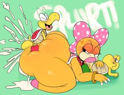 Rule 34 | 1girl, 2boys, angry, ass, ass grab, blush, breast press, breasts, closed eyes, cum, cum in mouth, doggystyle, ejaculation, english text, fellatio, grabbing, grabbing another&#039;s ass, grabbing from behind, height difference, highres, huge ass, huge penis, koopa, koopa troopa, lying, mario (series), mb ota, medium breasts, monster, multiple boys, nintendo, open mouth, oral, penis, sex, sex from behind, simple background, size difference, smile, super mario bros. 1, super mario bros. 3, veins, veiny penis, wendy o. koopa