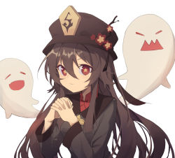Rule 34 | 1girl, bad id, bad pixiv id, brown hair, brown shirt, closed eyes, genshin impact, ghost, hat, highres, hu tao (genshin impact), long sleeves, looking at viewer, open mouth, own hands clasped, own hands together, red eyes, shiroi ou, shirt, simple background, star-shaped pupils, star (symbol), symbol-shaped pupils, twintails, white background