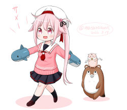 Rule 34 | 1girl, absurdres, beret, black skirt, blue hair, bokukawauso, creature, dated, gradient hair, hand puppet, harusame (kancolle), hat, highres, kantai collection, masara (chuujou), multicolored hair, neckerchief, one-hour drawing challenge, otter, pink hair, pink sweater, pleated skirt, puppet, red eyes, red neckerchief, sailor collar, school uniform, serafuku, shark, side ponytail, simple background, skirt, sweater, the yuudachi-like creature, twitter username, walking, white background, white headwear, white sailor collar