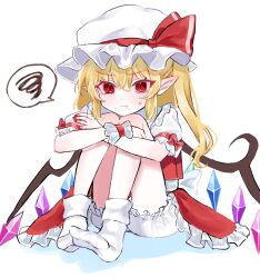 Rule 34 | 1girl, :t, aorin oekaki, blonde hair, bloomers, blush, bobby socks, bow, crossed arms, crystal, flandre scarlet, frilled skirt, frills, hat, hat bow, highres, hugging own legs, knees up, long hair, mob cap, no shoes, one side up, pointy ears, red eyes, short sleeves, sitting, skirt, socks, solo, spoken squiggle, squiggle, sweat, touhou, underwear, wings, wrist cuffs