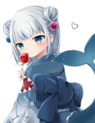 Rule 34 | 1girl, absurdres, animal costume, blue eyes, blue hair, blue kimono, blue nails, blunt bangs, candy apple, fang, fins, fish bone print, fish tail, food, gawr gura, hair ornament, highres, hololive, hololive english, hood, hoodie, japanese clothes, kimono, looking at viewer, medium hair, multicolored hair, shark costume, shark girl, shark hair ornament, shark tail, sidelocks, snmdx, solo, streaked hair, tail, two side up, virtual youtuber, white hair