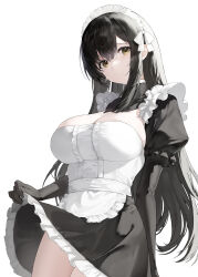 Rule 34 | 1girl, apron, black dress, black gloves, black hair, bow, breasts, cleavage, clothes lift, commentary request, dress, dress lift, elbow gloves, frilled dress, frilled sleeves, frills, gloves, hair between eyes, haori io, highres, large breasts, lifting own clothes, long hair, looking at viewer, maid, maid headdress, original, puffy short sleeves, puffy sleeves, short sleeves, sidelocks, simple background, solo, thighs, very long hair, white apron, white background, white bow, yellow eyes