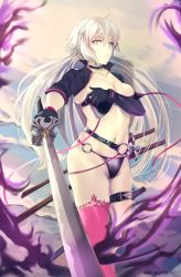 Rule 34 | absurdres, ahoge, bikini, black bikini, black choker, black gloves, black jacket, choker, cropped jacket, fate/grand order, fate (series), gloves, highres, holding, holding clothes, holding underwear, jacket, jeanne d&#039;arc alter (swimsuit berserker) (fate), jeanne d&#039;arc (fate), jeanne d&#039;arc alter (fate), jeanne d&#039;arc alter (swimsuit berserker) (fate), katana, keisuke desu~, long hair, multiple swords, o-ring, o-ring bikini, o-ring bottom, o-ring top, red thighhighs, shrug (clothing), single thighhigh, solo, swimsuit, sword, thighhighs, thighs, underwear, very long hair, weapon, white hair, yellow eyes