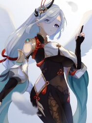 Rule 34 | 1girl, aqua nails, black bodysuit, black gloves, blue eyes, bodysuit, breast curtain, breasts, bright pupils, covered navel, elbow gloves, eyes visible through hair, feathers, flower knot, genshin impact, gloves, grey hair, hair ornament, hand up, highres, large breasts, long hair, partially fingerless gloves, puffy sleeves, red tassel, shenhe (genshin impact), solo, uni (maru231), white pupils