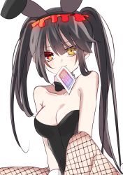 Rule 34 | 1girl, animal ears, asymmetrical hair, between legs, black hair, black leotard, black neckwear, breasts, card, cleavage, clock eyes, collar, collarbone, date a live, detached collar, fake animal ears, fishnet pantyhose, fishnets, hair between eyes, hairband, hand between legs, heterochromia, holding, holding card, kasuga kaya, leotard, lolita hairband, long hair, looking at viewer, medium breasts, mouth hold, pantyhose, playboy bunny, rabbit ears, rabbit girl, red eyes, simple background, sitting, solo, strapless, strapless leotard, symbol-shaped pupils, tokisaki kurumi, twintails, very long hair, white background, white collar, yellow eyes