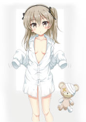 Rule 34 | 1girl, :o, bandaged arm, bandaged head, bandaged leg, bandages, black bow, blush, boko (girls und panzer), bow, breasts, brown eyes, brown hair, collarbone, collared shirt, commentary request, dress shirt, flipper, girls und panzer, grey background, hair bow, long hair, long sleeves, looking at viewer, no bra, one side up, open clothes, open shirt, panties, parted lips, partially unbuttoned, shimada arisu, shirt, sidelocks, sleeves past fingers, sleeves past wrists, small breasts, solo, standing, stuffed animal, stuffed toy, teddy bear, two-tone background, underwear, white background, white panties, white shirt
