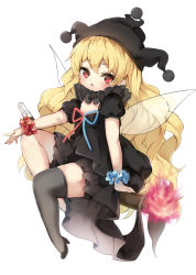 Rule 34 | 1girl, alternate color, black dress, black footwear, black thighhighs, blonde hair, clownpiece, commentary request, dress, fairy wings, fire, full body, hat, high heels, jester cap, long hair, looking at viewer, neck ruff, piyokichi, red eyes, shoes, simple background, single thighhigh, solo, thighhighs, torch, touhou, very long hair, wavy hair, white background, wings, wrist cuffs