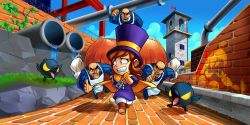 Rule 34 | 2girls, 3boys, a hat in time, apron, bald, bird, blue eyes, blue suit, boots, brick floor, brick wall, brown hair, cape, clenched teeth, cloud, creature, day, facial hair, fleeing, formal, graffiti, hat, hat kid, highres, industrial pipe, jenna brown, mafia (a hat in time), multiple boys, multiple girls, mustache, mustache girl, necktie, official art, pinstripe pattern, pinstripe suit, red neckwear, running, running bond, sky, striped, suit, teeth, top hat, tower, water, waterfall, white apron, yellow cape, zipper pull tab