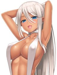Rule 34 | 1girl, :d, armpits, arms behind head, arms up, blue eyes, breasts, cleavage, collarbone, commentary request, dark-skinned female, dark skin, elf, hair between eyes, hands in hair, lambda (kusowarota), large breasts, long hair, looking at viewer, open mouth, pointy ears, rowanna (sennen sensou aigis), sennen sensou aigis, simple background, smile, solo, upper body, white background, white hair