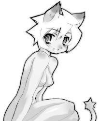 Rule 34 | 1girl, alicia priss, animal ears, blush, body blush, breasts, cat ears, cat tail, completely nude, cyber connect 2, greyscale, grin, little tail bronx, looking at viewer, monochrome, nipples, nude, priss, short hair, small breasts, smile, solo, tail, tail concerto, white hair