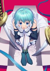 Rule 34 | 1girl, absurdres, arm strap, blue eyes, blue footwear, blue hair, blue ribbon, box, cardboard box, chinese commentary, commentary request, detached sleeves, from above, gloves, hair ornament, hairclip, hands on own cheeks, hands on own face, highres, kiunchiku, mahou shoujo madoka magica, miki sayaka, miniskirt, ribbon, shoes, short hair, sitting, skirt, solo, sword, thighhighs, weapon, white gloves, white thighhighs