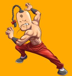 Rule 34 | 1boy, abs, artist request, black hair, chinese clothes, clenched teeth, facial hair, fighting stance, full body, kinnikuman, kung fu, looking at viewer, manly, martial arts, mustache, orange background, pectorals, ramenman, solo, standing, teeth