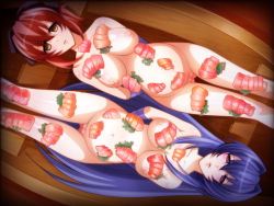 Rule 34 | 2girls, arms behind back, blue hair, blush, breasts, censored, empty eyes, food, gluteal fold, groin, highres, large breasts, legs, long hair, looking at viewer, lying, maken-ki!, mosaic censoring, multiple girls, navel, nightmare express, nijou aki, nipples, nude, nyotaimori, parted lips, pink eyes, ponytail, pregnant, pussy, red hair, restrained, rokujou minori, sushi, tears, thigh gap, thighs, yellow eyes