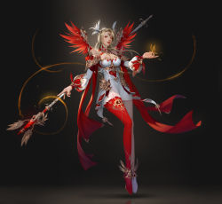 Rule 34 | 1girl, absurdres, blonde hair, breasts, cleavage, cuchi, detached sleeves, dress, fantasy, fire, floating, head wings, highres, holding, holding staff, long hair, looking at viewer, medium breasts, mini wings, original, parted lips, red eyes, red legwear, red wings, single leg pantyhose, solo, staff, white dress, wings