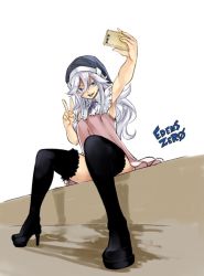Rule 34 | 1girl, blue eyes, copyright name, eden&#039;s zero, full body, hat, high heels, long hair, mashima hiro, open mouth, phone, simple background, sister ivry, sitting, sleeveless, solo, taking picture, teeth, thighhighs, tongue, v, white background, white hair