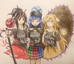 Rule 34 | 3girls, black hair, black shirt, blonde hair, blue eyes, blue hair, closed eyes, collarbone, commentary request, cosplay, flat chest, hecatia lapislazuli, hecatia lapislazuli (cosplay), hecatia lapislazuli (earth), hecatia lapislazuli (moon), horns, kaigen 1025, kikuri (touhou), konngara (touhou), long hair, multicolored clothes, multicolored skirt, multiple girls, no nose, off-shoulder shirt, off shoulder, open mouth, red eyes, red horns, red skirt, shirt, short sleeves, single horn, skirt, smile, touhou, touhou (pc-98), traditional media, yellow skirt
