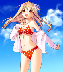 Rule 34 | 1girl, :d, bikini, blush, breasts, brown hair, cleavage, cloud, cowboy shot, day, front-tie top, hair ornament, jacket, long hair, medium breasts, navel, open clothes, open jacket, open mouth, original, outdoors, piyodera mucha, polka dot, polka dot swimsuit, red bikini, red eyes, sky, smile, solo, standing, swimsuit