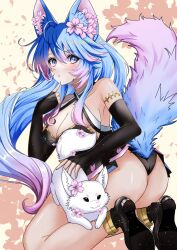 Rule 34 | 1girl, animal ear fluff, animal ears, ass, black footwear, black gloves, black kimono, blue eyes, blue hair, blush, breasts, cleavage, elbow gloves, flower, gloves, hair flower, hair ornament, halterneck, highres, indie virtual youtuber, japanese clothes, kimono, large breasts, long hair, looking at viewer, momomomooo13, multicolored hair, multicolored tail, pink flower, pink hair, pink tail, shoes, silvervale, streaked hair, swept bangs, tail, virtual youtuber