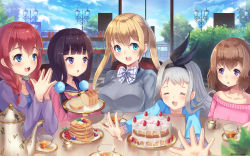 Rule 34 | 1boy, 4girls, :d, :o, absurdres, amano miu, artist name, black hair, blend s, blonde hair, blue eyes, blue sky, blush, bow, braid, bread, breasts, brown hair, cake, cloud, cup, day, eye contact, closed eyes, facing viewer, food, fruit, grey hair, grey sweater, highres, hinata kaho, holmemee, hoshikawa mafuyu, jacket, kanzaki hideri, lamppost, large breasts, long hair, looking at another, multiple girls, open mouth, outstretched arms, own hands together, pancake, plate, purple eyes, red hair, sakuranomiya maika, scenery, school uniform, serafuku, sitting, sky, small breasts, smile, pancake stack, strawberry, striped, striped bow, sweater, syrup, table, tea, teacup, twintails