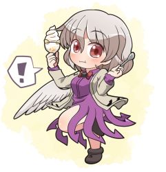 Rule 34 | !, 1girl, blush, brown footwear, closed mouth, dress, feathered wings, full body, hair between eyes, holding, holding spoon, jacket, kishin sagume, long sleeves, open clothes, open jacket, parfait, purple dress, red eyes, rokugou daisuke, shoes, short hair, signature, single wing, solo, spoken exclamation mark, spoon, touhou, white hair, white jacket, white wings, wings