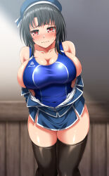Rule 34 | 1girl, absurdres, beret, black hair, black thighhighs, blue hat, blue one-piece swimsuit, blue skirt, blush, breasts, cleavage, collarbone, competition swimsuit, embarrassed, hat, highres, kantai collection, large breasts, military uniform, miniskirt, one-piece swimsuit, red eyes, short hair, sideboob, skirt, solo, standing, sweatdrop, swimsuit, takao (kancolle), thighhighs, undressing, uniform, zanntetu