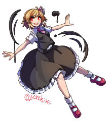 Rule 34 | 1girl, ascot, black skirt, black vest, blonde hair, commentary, frilled skirt, frills, full body, hair ribbon, highres, looking at viewer, one-hour drawing challenge, open mouth, red ascot, red eyes, red footwear, red ribbon, renshirenji, ribbon, rumia, shirt, short sleeves, skirt, smile, socks, solo, touhou, twitter username, vest, white shirt, white socks