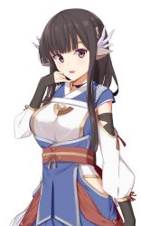 Rule 34 | 1girl, animal ears, black hair, breasts, commentary request, cowboy shot, elfenlied22, highres, hip vent, large breasts, long hair, long sleeves, looking at viewer, minagi (utawarerumono), open mouth, red eyes, simple background, smile, solo, tagme, utawarerumono, utawarerumono: itsuwari no kamen, utawarerumono: lost flag, white background