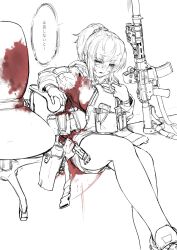 Rule 34 | 1girl, alma01, ar-15, armrest, assault rifle, blood, blood on clothes, blood on ground, blood splatter, blood stain, body armor, breast press, breasts, bulletproof vest, chair, eyelashes, eyeliner, fang, gun, gun sling, hair between eyes, hair strand, hand on own chest, highres, holster, injury, large breasts, laser, long hair, long sleeves, magazine (weapon), makeup, office chair, on floor, original, bulletproof vest, ponytail, rifle, shoes, shorts, sidelocks, simple background, sitting, sneakers, solo, suppressor, swivel chair, thighs, weapon, white background