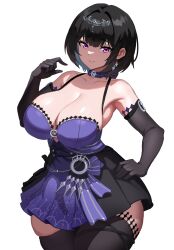 Rule 34 | 1girl, absurdres, black gloves, black hair, black skirt, black thighhighs, breasts, cleavage, closed mouth, collarbone, commentary, crescent choker, dress, elbow gloves, english commentary, gad the god, gloves, hair ornament, hand on own hip, high-waist skirt, highres, large breasts, o-ring, o-ring dress, original, purple dress, purple eyes, purple ribbon, ribbon, short hair, skirt, solo, star (symbol), star hair ornament, thighhighs, tiara