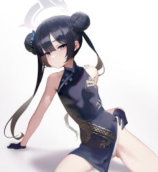 Rule 34 | 1girl, bare shoulders, black dress, black gloves, black hair, blue archive, blush, breasts, butterfly hair ornament, china dress, chinese clothes, closed mouth, double bun, dragon print, dress, gloves, gluteal fold, gradient background, grey eyes, hair bun, hair ornament, halo, highres, kisaki (blue archive), long hair, looking at viewer, mmlyno, panties, signature, simple background, sleeveless, sleeveless dress, small breasts, solo, twintails, underwear, white panties