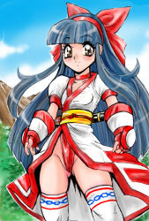 Rule 34 | 1girl, ainu clothes, artist request, blue hair, blush, breasts, brown eyes, cameltoe, fundoshi, hair ribbon, japanese clothes, long hair, looking at viewer, nakoruru, ribbon, samurai spirits, small breasts, smile, snk, solo, thighhighs, thighs, weapon