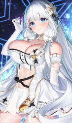 Rule 34 | 1girl, azur lane, breasts, cleavage, clothing cutout, cowboy shot, detached collar, dress, elbow gloves, framed breasts, gloves, hair ornament, headset, highres, idol, illustrious (azur lane), illustrious (muse) (azur lane), jyu-so, large breasts, long hair, mole, mole under eye, navel cutout, official alternate costume, see-through, skirt, tri tails, white dress, white gloves, white hair, white skirt