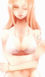 Rule 34 | 1girl, ;), akizuki hakuto, bikini, bikini top only, bottomless, bracelet, breasts, cleavage, crossed arms, female focus, jewelry, large breasts, lips, long hair, nami (one piece), navel, one eye closed, one piece, orange hair, out-of-frame censoring, simple background, smile, solo, swimsuit, tattoo