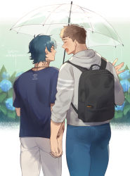 Rule 34 | 2boys, arm tattoo, back, backpack, bag, black shirt, blue hair, blue pants, brown hair, closed eyes, closed mouth, couple, dark blue hair, grey hoodie, happy birthday, higashigunkan, holding, holding hands, holding umbrella, hood, hood down, hoodie, jewelry, looking at another, male focus, multiple boys, neck tattoo, necklace, open mouth, original, pants, rain, shared umbrella, shirt, short hair, smile, tattoo, transparent, transparent umbrella, umbrella, water drop, white pants, yaoi