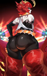 Rule 34 | 1girl, ahoge, ass, bad id, bad twitter id, bare shoulders, belt, blonde hair, bodysuit, boots, breasts, creatures (company), from behind, from below, game freak, green eyes, hand on own hip, highres, huge ass, looking back, looking down, mela (pokemon), multicolored hair, nintendo, nuezou, orange belt, personification, pokemon, pokemon sv, red hair, shiny clothes, shiny skin, short hair, sideboob, solo, thigh boots