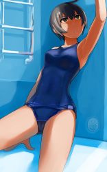 Rule 34 | 1girl, against wall, ahoge, arm above head, arm support, armpits, black eyes, black hair, blue eyes, blue one-piece swimsuit, blue school swimsuit, blue theme, blush, breasts, covered erect nipples, dot nose, empty pool, female focus, foot out of frame, from side, full body, hair between eyes, ladder, loking up, looking to the side, looking up, lvi, old school swimsuit, one-piece swimsuit, original, pool, pool ladder, school swimsuit, short hair, solo, squatting, swimsuit, very short hair