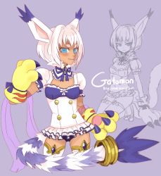 Rule 34 | 1girl, animal hands, blue eyes, blush, dark skin, detached collar, digimon, eyebrows, fang, gloves, hair intakes, highres, hopebiscuit, paw gloves, personification, short hair, tail, tailmon, thick eyebrows, thighhighs, white hair