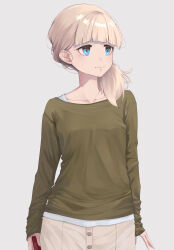 Rule 34 | 1girl, absurdres, alternate costume, blonde hair, blue eyes, blunt bangs, collarbone, green shirt, grey background, hair over shoulder, highres, kantai collection, long hair, looking to the side, neko no hige, shin&#039;you (kancolle), shirt, simple background, skirt, smile, solo, standing, white skirt