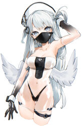 Rule 34 | 1girl, angel wings, armpits, bare shoulders, breasts, cleavage, collarbone, cowboy shot, cropped legs, elbow gloves, feathered wings, gloves, gotou (nekocat), grey eyes, grey hair, hat, head tilt, highres, large breasts, long hair, looking at viewer, mask, mouth mask, navel, original, see-through, solo, strapless, thigh gap, thigh strap, two side up, very long hair, white background, wings