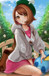 Rule 34 | 1girl, bag, bench, brown eyes, brown hair, buttons, cardigan, collared dress, creatures (company), dated, dress, english text, game freak, gen 8 pokemon, gloria (pokemon), grey cardigan, hand on another&#039;s head, hat, highres, looking at viewer, nintendo, on bench, outdoors, pink dress, pokemon, pokemon (creature), pokemon swsh, setta shu, short hair, shoulder bag, sitting, sobble, solo focus, tam o&#039; shanter, thighs