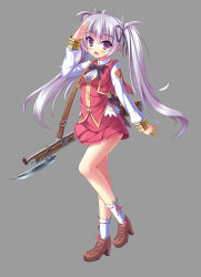 Rule 34 | 1girl, :d, absurdres, ahoge, bayonet, bow, full body, gun, hair bow, hair ribbon, highres, long hair, looking at viewer, open mouth, original, purple eyes, ribbon, rifle, salute, school uniform, shoes, silver hair, simple background, smile, socks, solo, tonchan, twintails, weapon, white socks