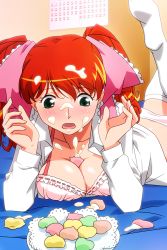 Rule 34 | 1girl, asahina yurina, ass, between breasts, blush, breasts, calendar (object), food, green eyes, hair ribbon, large breasts, long hair, long sleeves, lying, messy, non-web source, official art, on stomach, open clothes, open mouth, open shirt, panties, red hair, ribbon, ribbon-trimmed bra, shirt, solo, suggestive fluid, super real mahjong, tanaka ryou, twintails, underwear, white shirt