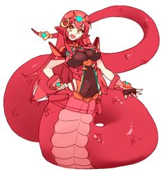 Rule 34 | 1girl, :d, armor, black gloves, breasts, cosplay, crossover, fingerless gloves, full body, gloves, hair between eyes, hair ornament, hairclip, hand on own hip, headpiece, lamia, large breasts, long hair, looking at viewer, miia (monster musume), monster girl, monster musume no iru nichijou, navel, neon trim, nintendo, open mouth, pointy ears, pyra (xenoblade), pyra (xenoblade) (cosplay), red hair, red shorts, rtil, scales, short shorts, short sleeves, shorts, signature, simple background, slit pupils, smile, solo, standing, tail, tail ornament, tiara, turtleneck, underbust, vambraces, white background, xenoblade chronicles (series), xenoblade chronicles 2, yellow eyes