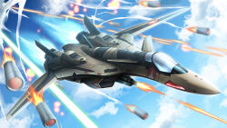 Rule 34 | aircraft, airplane, canopy (aircraft), cloud, explosion, fighter jet, firing, highres, itano circus, jet, laser, macross, macross plus, military vehicle, missile, motion blur, no humans, sky, thrusters, troy (oxaa01ex), variable fighter, vehicle focus, yf-19