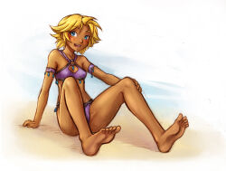 Rule 34 | 1girl, bare shoulders, barefoot, beach, bikini, blonde hair, blue background, blue eyes, blush, breasts, commentary request, dark-skinned female, dark skin, feet, fingernails, gradient background, looking at viewer, maxa&#039;, medium hair, messy hair, on floor, purple bikini, sand, shadow, shiny skin, sketch, small breasts, smile, soles, solo, swimsuit, tan, tild - mage a louer, tild framith, toenails, toes, tomboy, white background